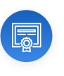 Icône d'une certification avec un badge. L'icône est dessinée avec des lignes blanches à l'intérieur d'un cercle bleu.