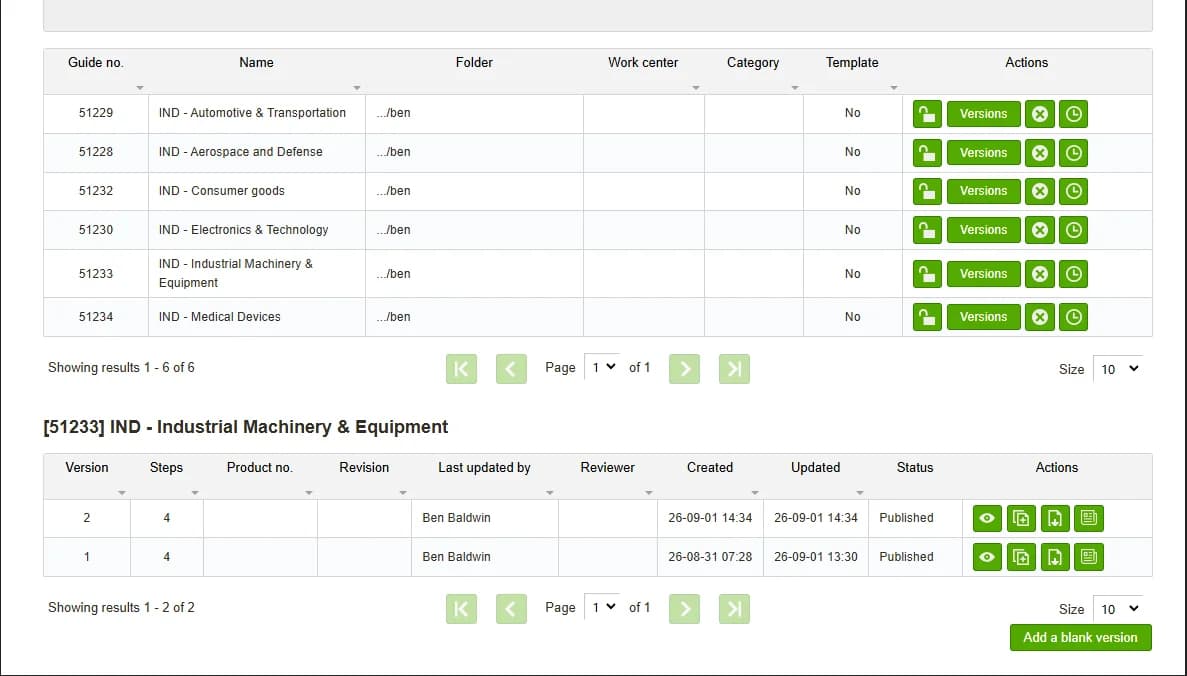 VKS screenshot: guidebook list view with folders, categories, and a revision table showing published versions.