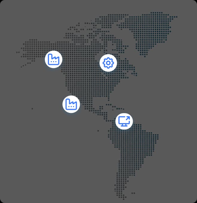 Dotted world map with factory, gear, and screen icons marking connected sites across regions.