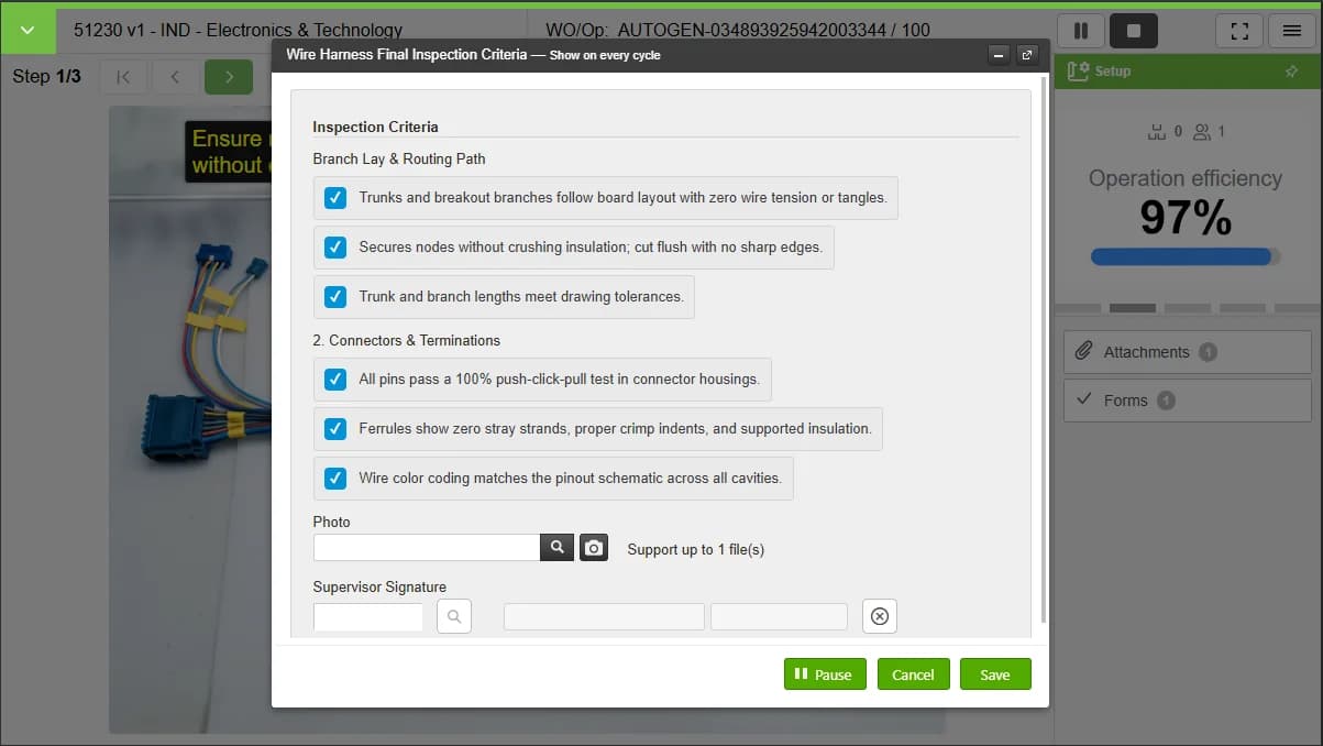 VKS screenshot: harness final inspection checklist with signature field and a 97% operation efficiency readout.