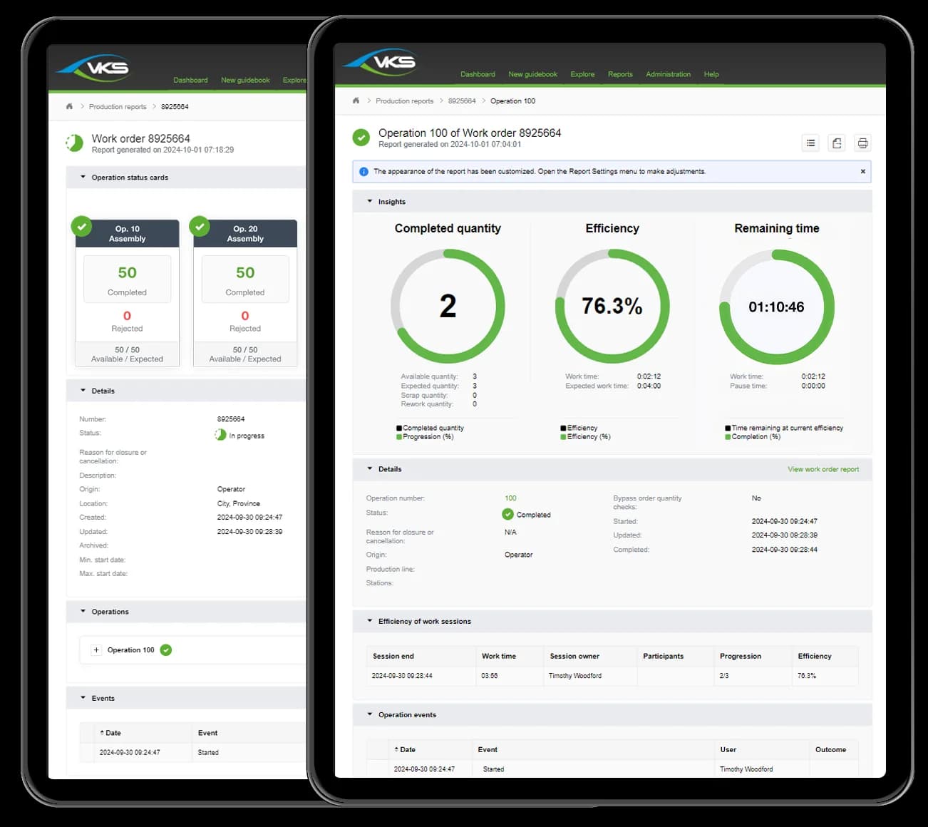 VKS screenshot: two dashboards side by side showing work order assembly counts and efficiency gauges.