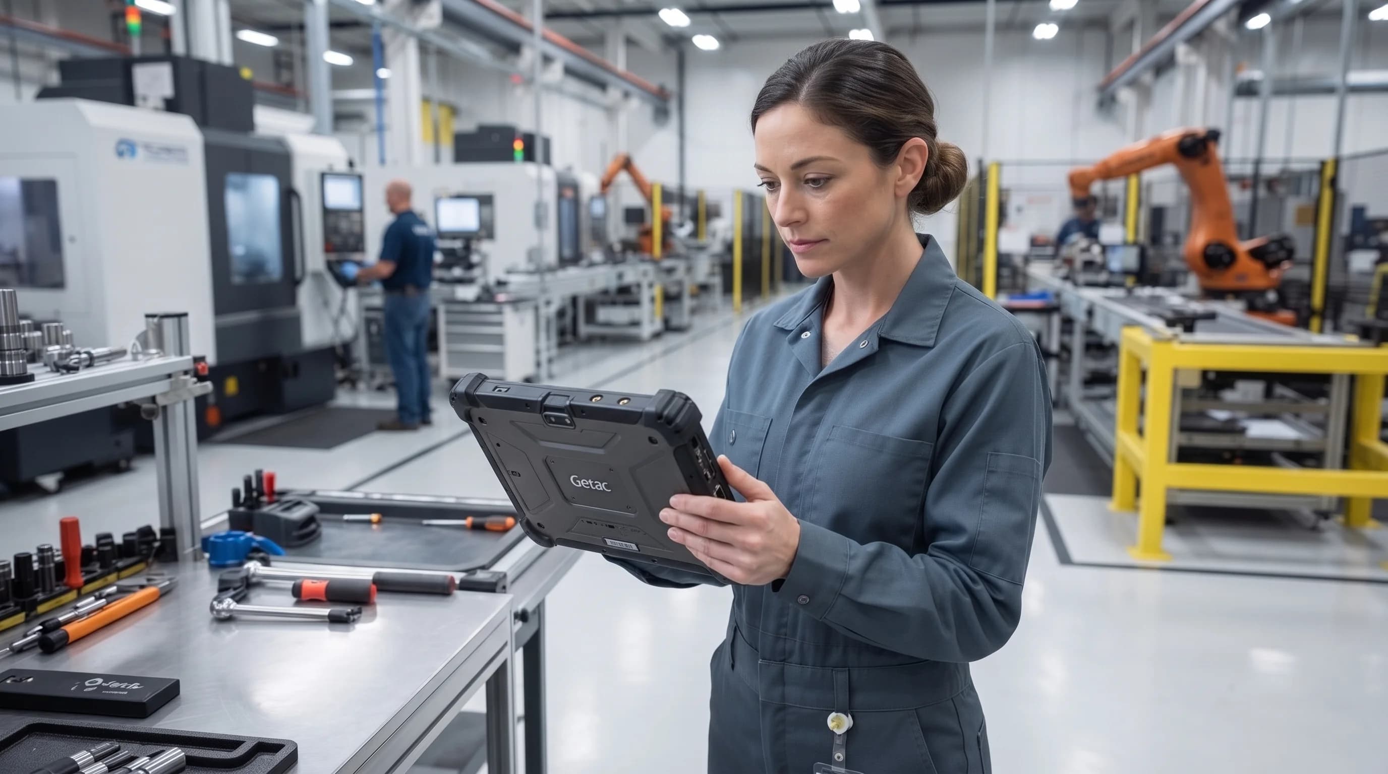 Female technician holding a tablet at a workstation on a factory floor with equipment behind her.