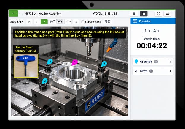 VKS screenshot: box assembly step showing part positioning in a vise with hex key callouts and work timer.