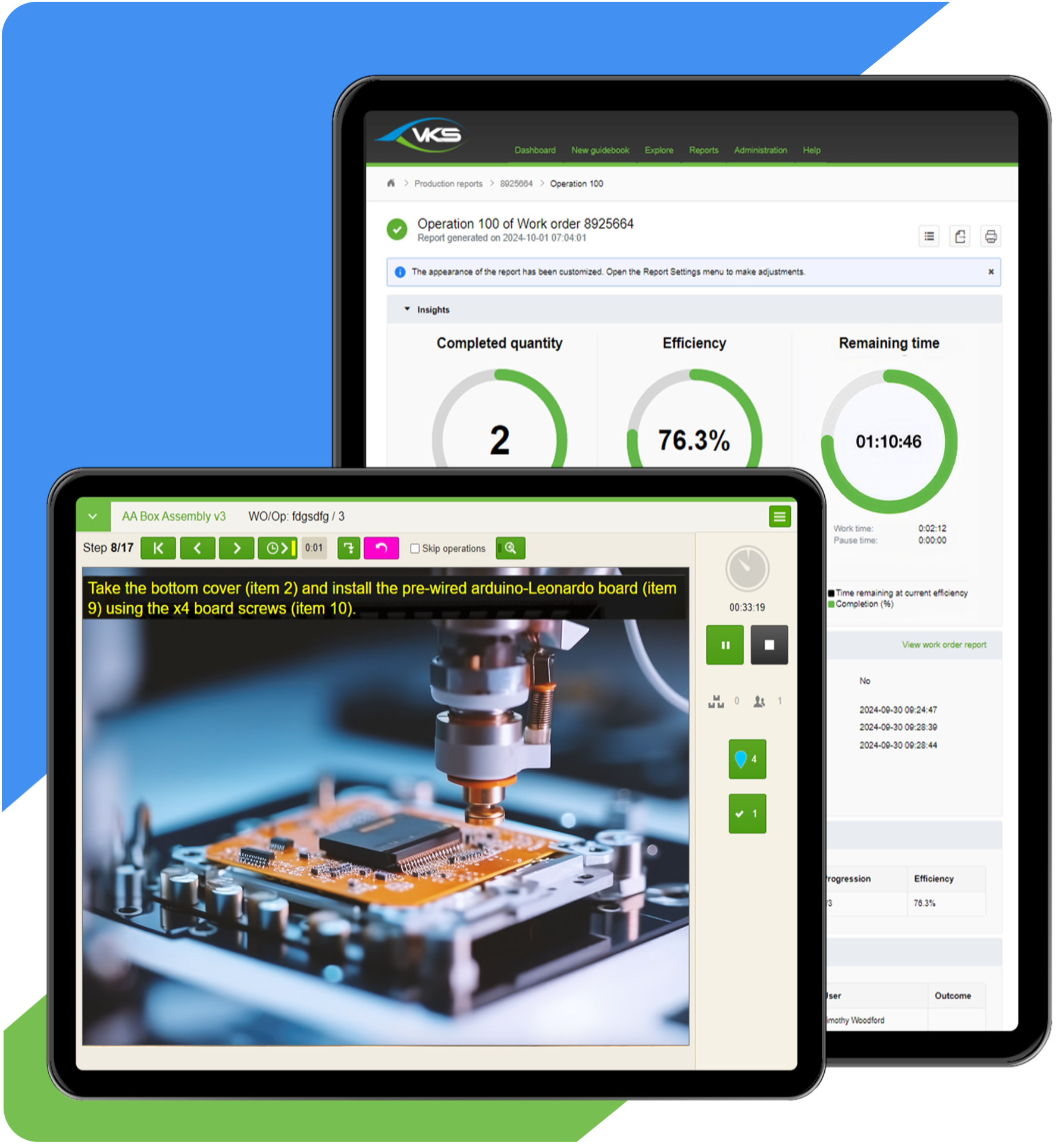 VKS tablet interface showing work orders list with 3D model assembly instructions and generator assembly guide