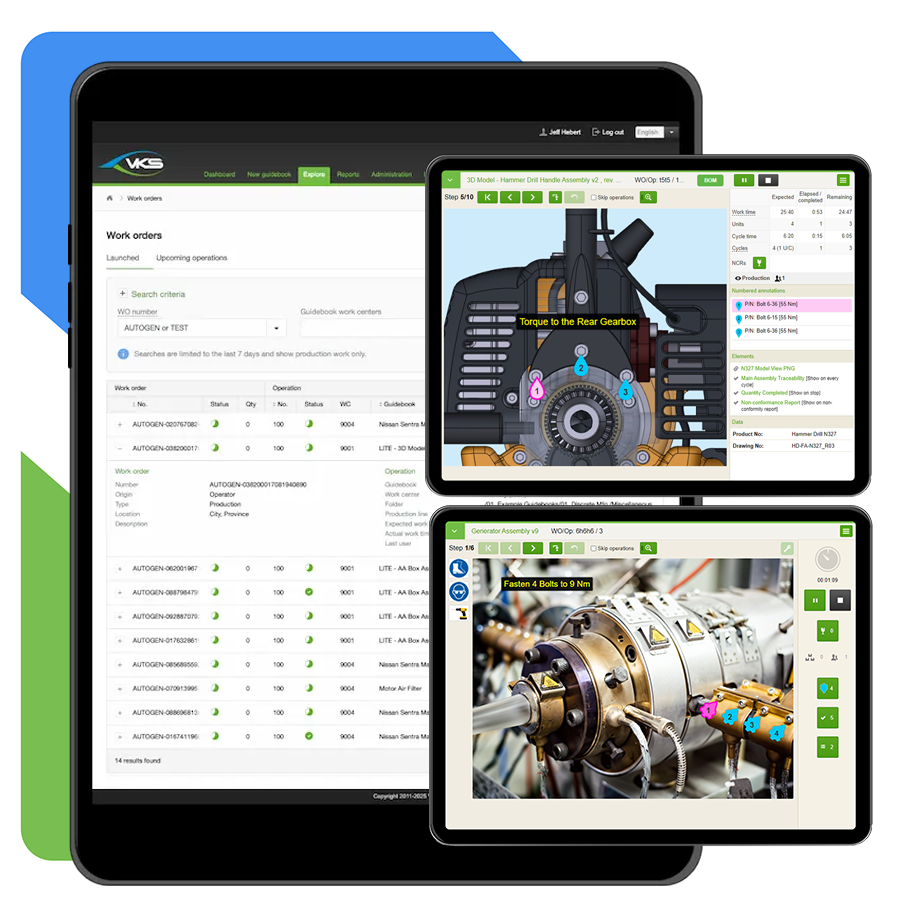 Two VKS tablets displaying daily maintenance guide for AMADA machine and dashboard interface with guidebook search