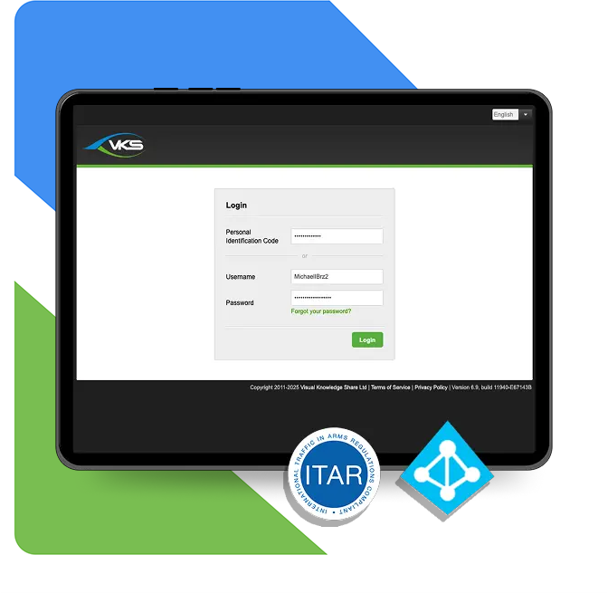 VKS secure login portal with ITAR compliance badge and Microsoft Azure integration, showing personal identification code and username login fields