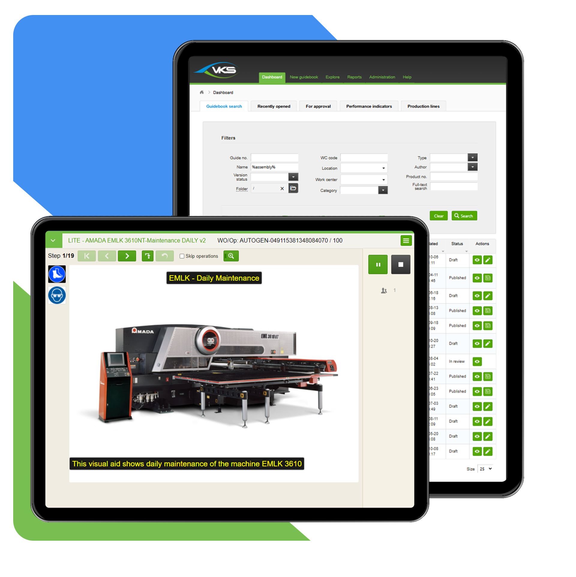 VKS tablet and smartphone displaying production operation reports with efficiency metrics and real-time assembly instructions for electronic circuit board