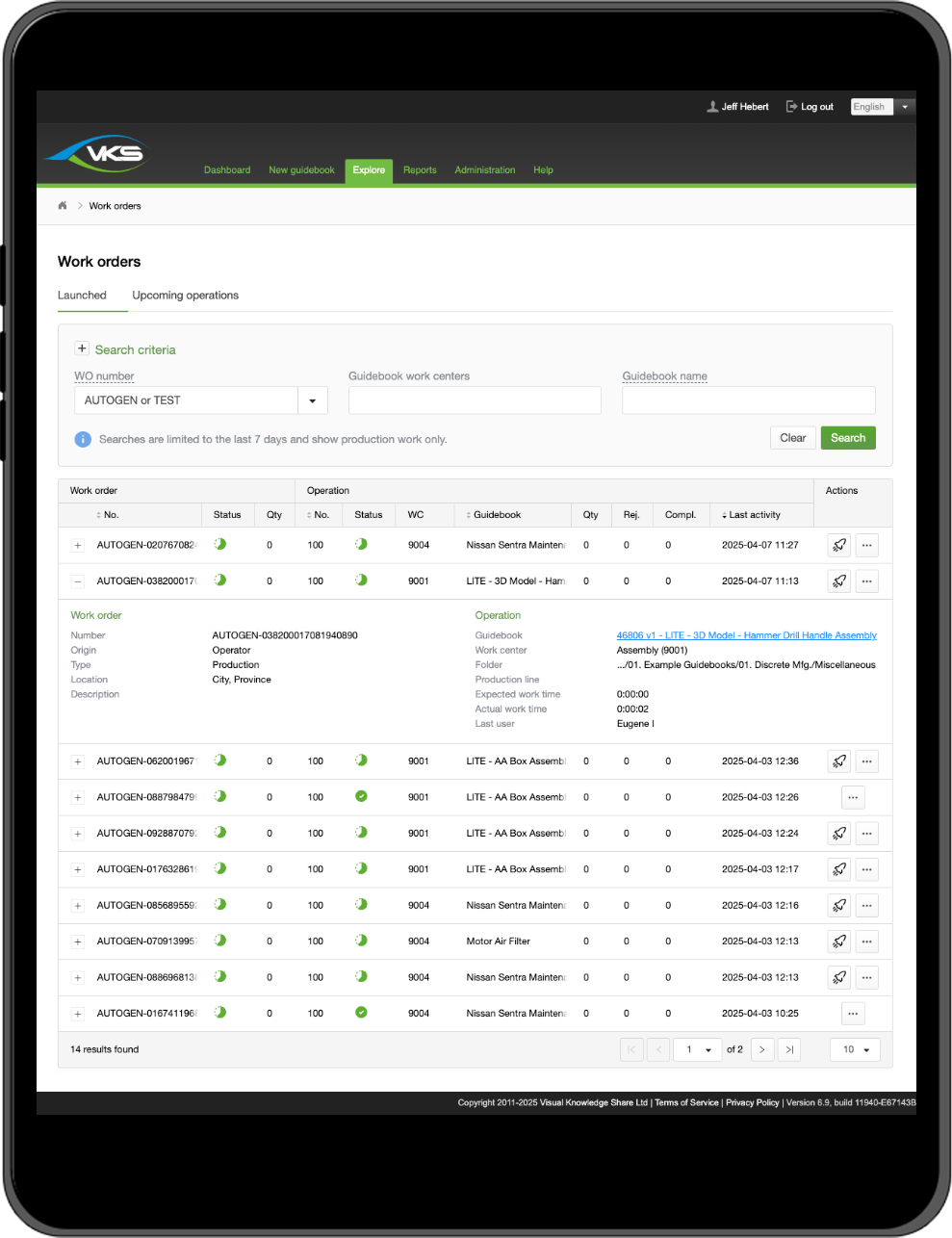 Tablet-Interface zum Starten der Produktion in VKS mit Live-Arbeitsauftragssichtbarkeit