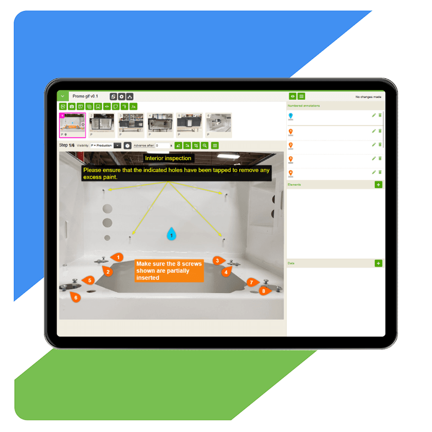 VKS Lite tablet showing interior inspection work instruction with numbered annotations for screws, component alignment checks, and step-by-step guidance with thumbnail navigation