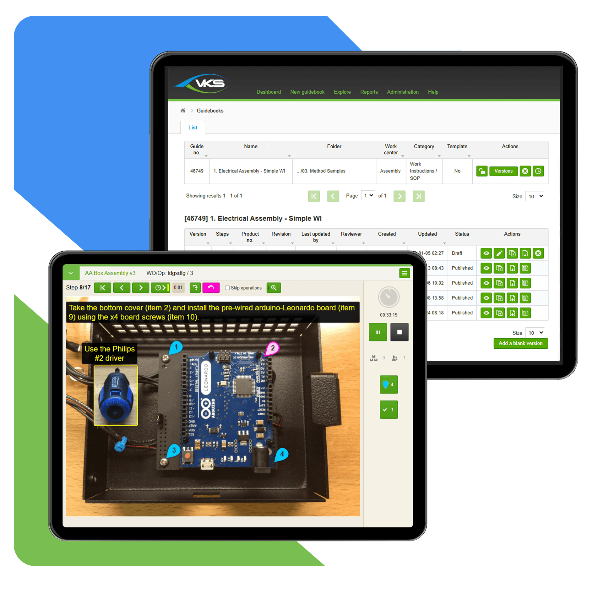 Two VKS Lite tablets displaying guidebooks list interface with version management and detailed assembly instruction for AA Box Assembly showing Arduino board installation with numbered annotations