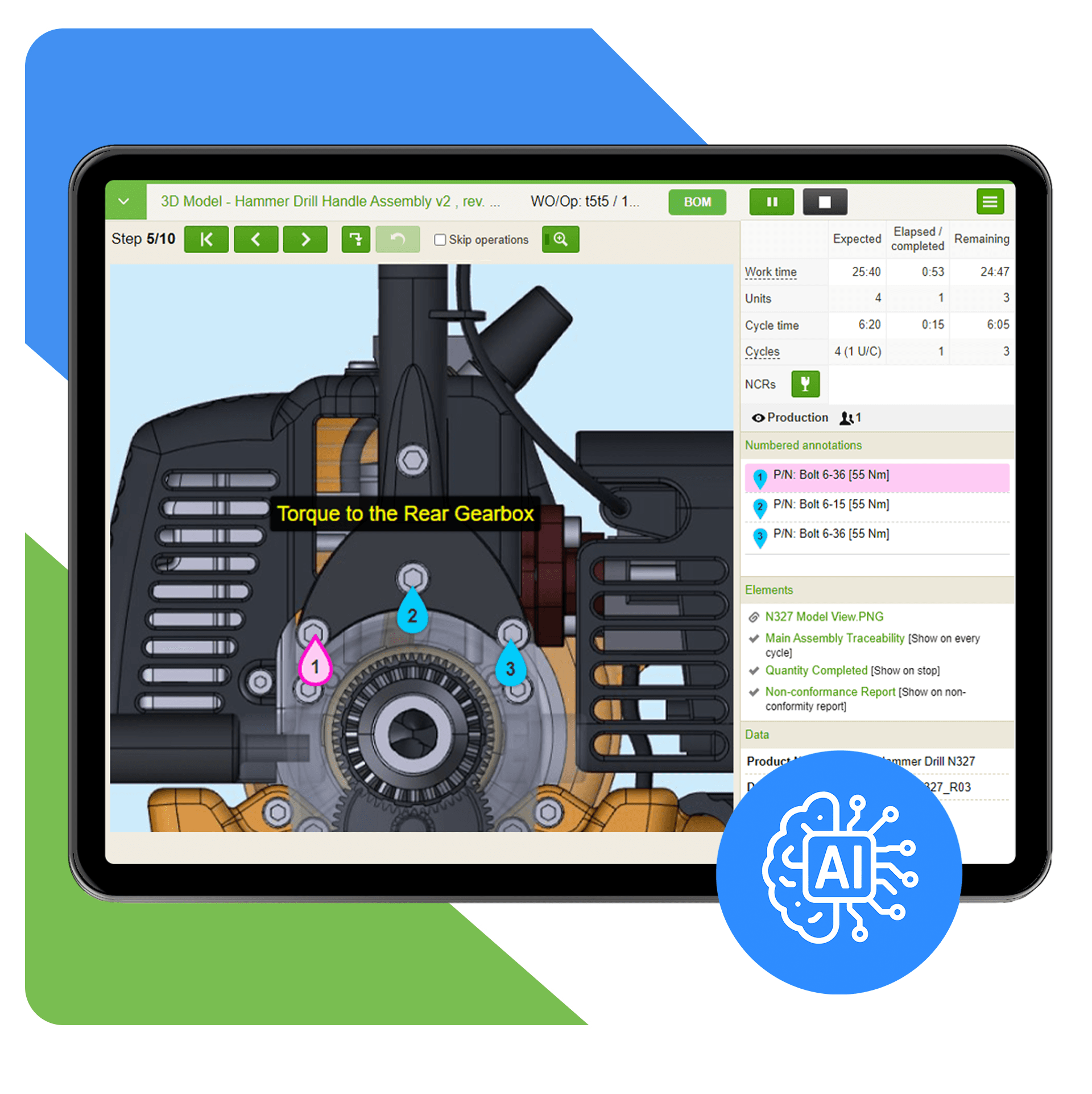 Two VKS Lite tablets displaying guidebooks list interface with version management and detailed assembly instruction for AA Box Assembly showing Arduino board installation with numbered annotations