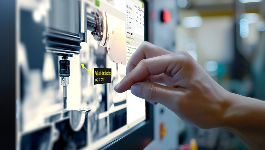 Opérateur ajustant la machine à l'aide des instructions de travail numériques VKS Lite