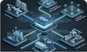 Isometric illustration of an ERP data hub with interconnected nodes. (ERP Systems card)