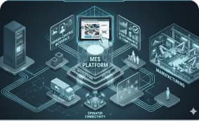 Isometric illustration of an MES platform network with a central control screen. (MES Platforms card)