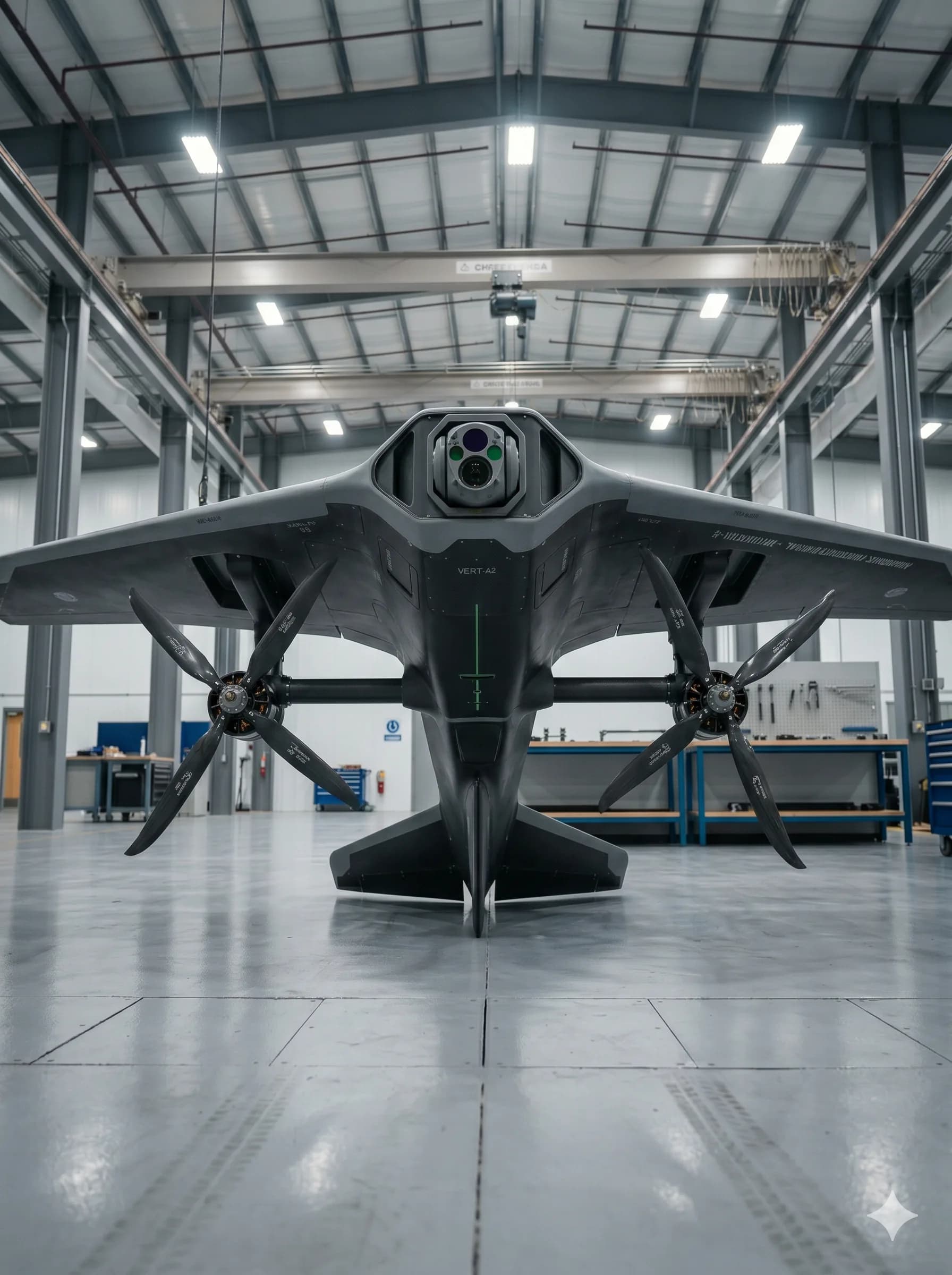 Military fighter jet parked in a hangar. (Aerospace & Defense card)