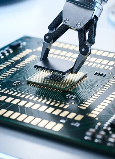Robotic arm assembling electronic components over a green printed circuit board. (Electronics & Technology card)