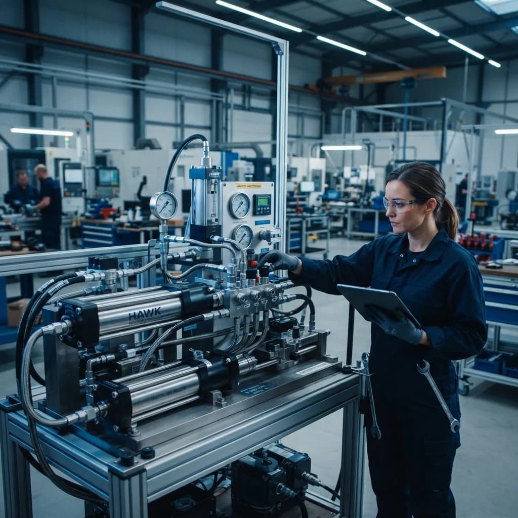 Technicienne munie d’une tablette inspectant un ensemble d’actionneur linéaire sur une ligne de construction de machines.