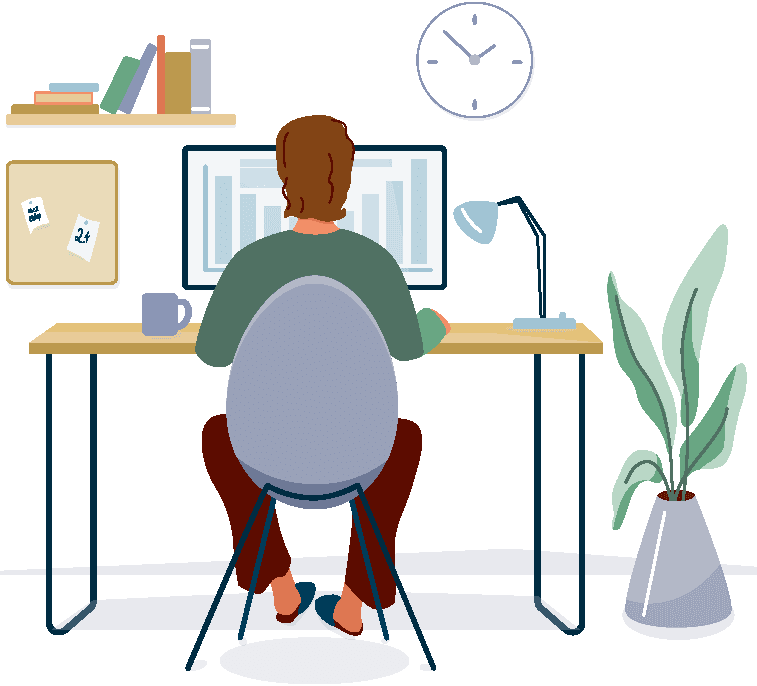 Auf einem Stuhl sitzende Person, die einen Computer zum Arbeiten benutzt