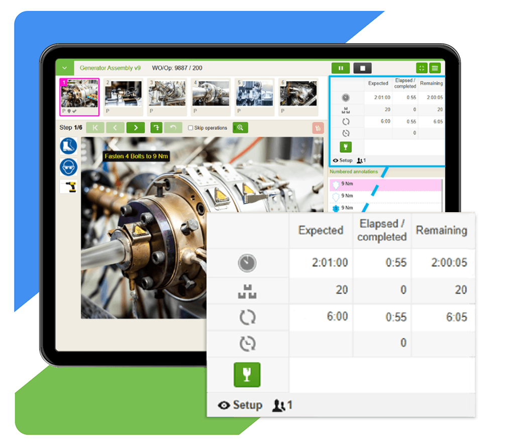 VKS Pro tablet displaying Generator Assembly v9 work instructions with step-by-step navigation, performance metrics showing expected and elapsed times, and torque specifications for fastening bolts