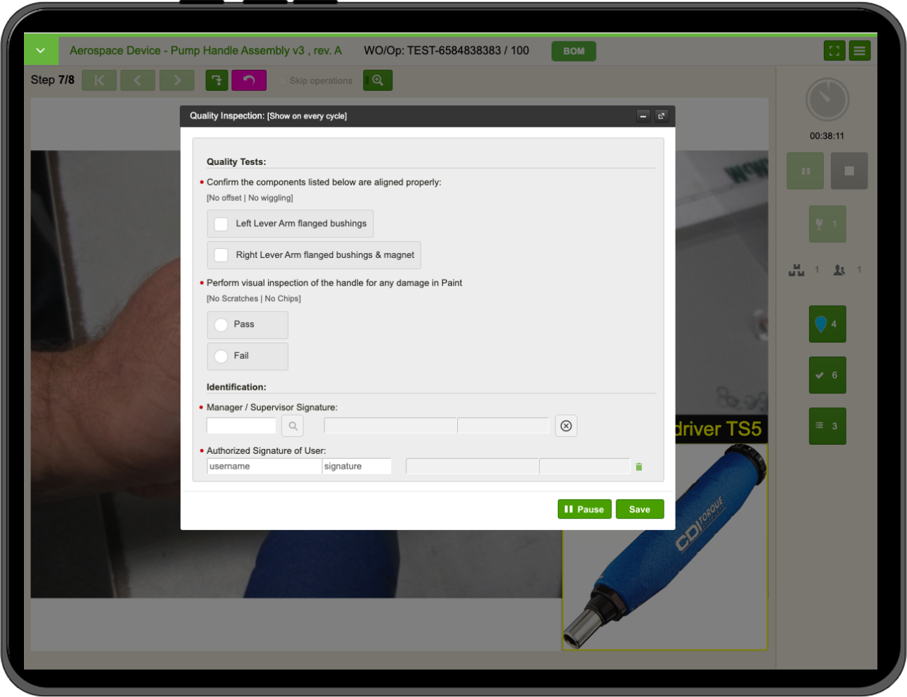 VKS Pro-Formular zur Erfassung visueller Inspektionen, Unterschriften und Validierungen während der Montage