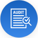 Icon of a paper that says audit and a magnifying glass over the paper. The icon is drawn with white lines inside a blue circle