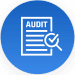 Icône d'un papier sur lequel est inscrit audit et d'une loupe sur le papier. L'icône est dessinée avec des lignes blanches à l'intérieur d'un cercle bleu.