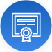 Icon of a certification with a badge. The icon is drawn with white lines inside a blue circle