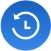 Icon of a clock circled with an arrow pointing counterclockwise drawn with white lines inside a blue circle