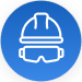 Security helmet and glasses icon drawn with white lines inside a blue circle