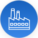 Factory icon drawn with white lines inside a blue circle