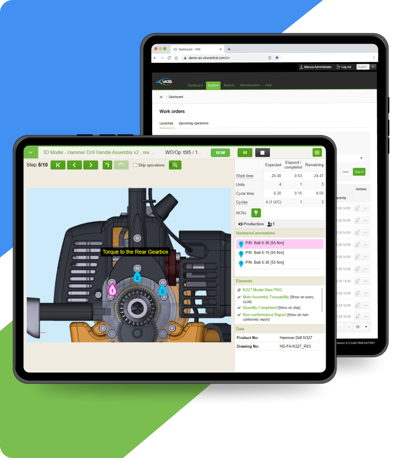 Zwei Tablets mit VKS-App für digitale Arbeitsanweisungen als Beispiel.