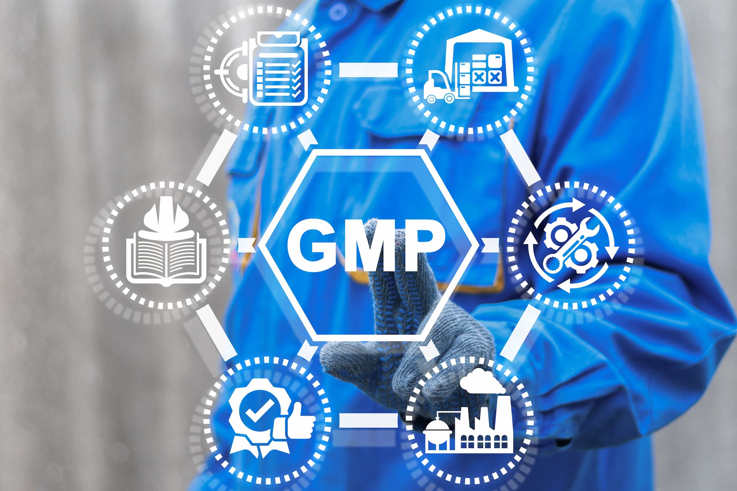 GMP hexagon icon connecting 6 circles with different factory related icons