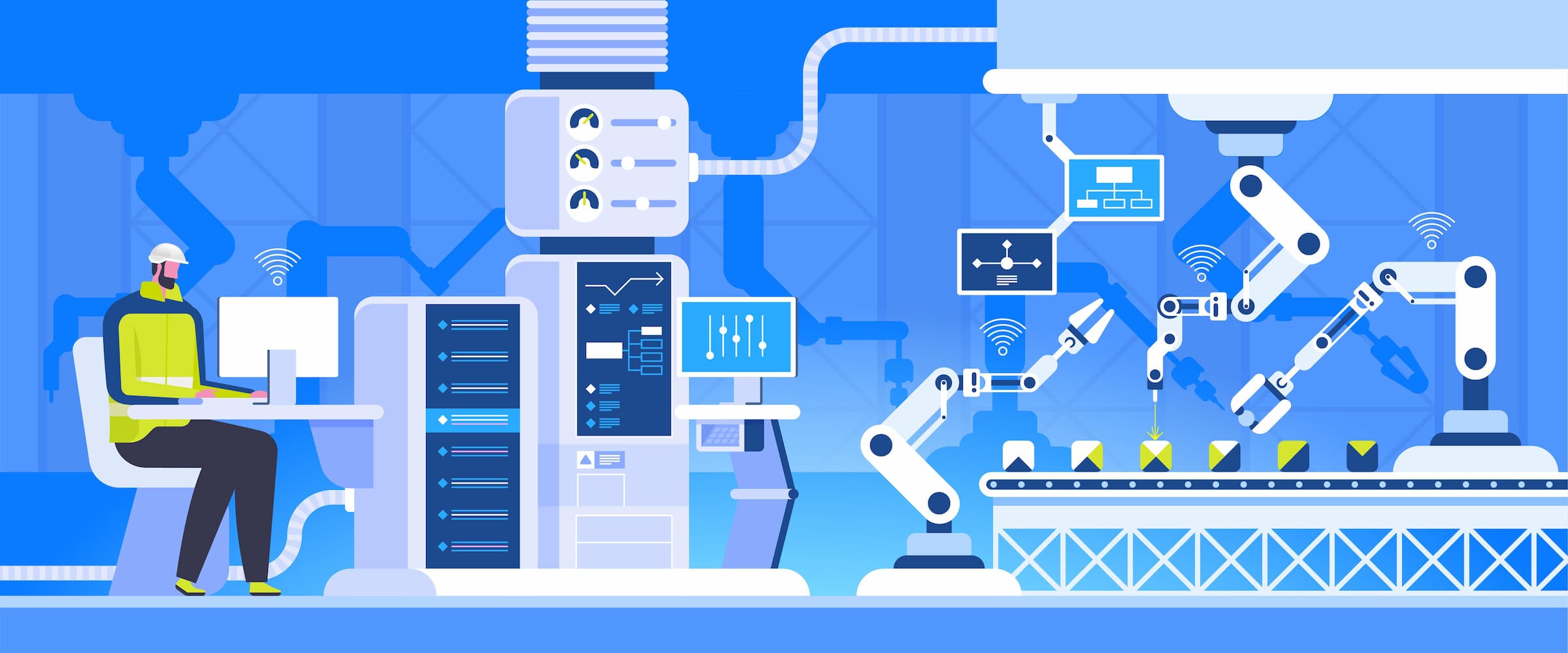 Arbeiter überwacht die Datenerfassung der Maschinen in der Smart Factory