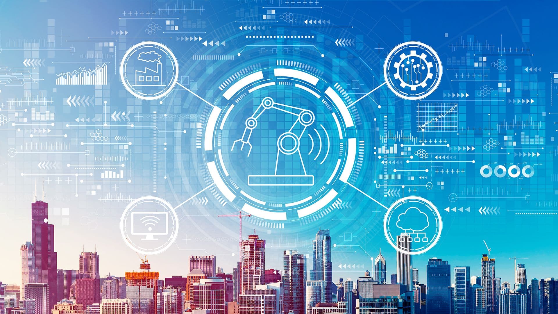 A graphic of a robotic arm above a city