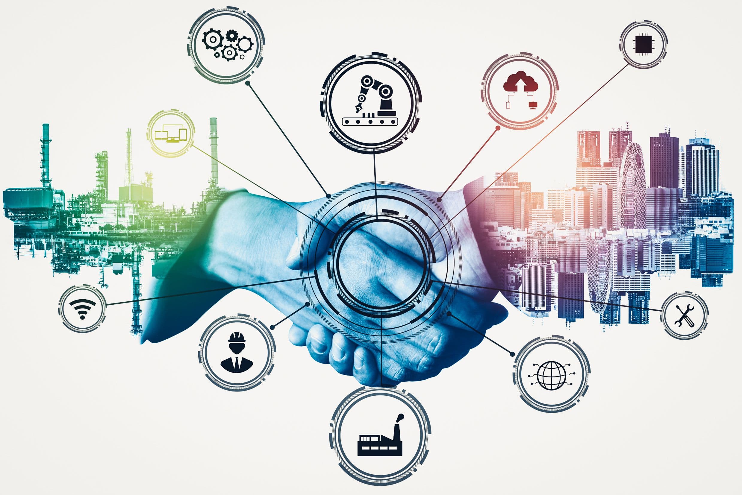futuristic handshake representing the integration of Industry 4.0 tech