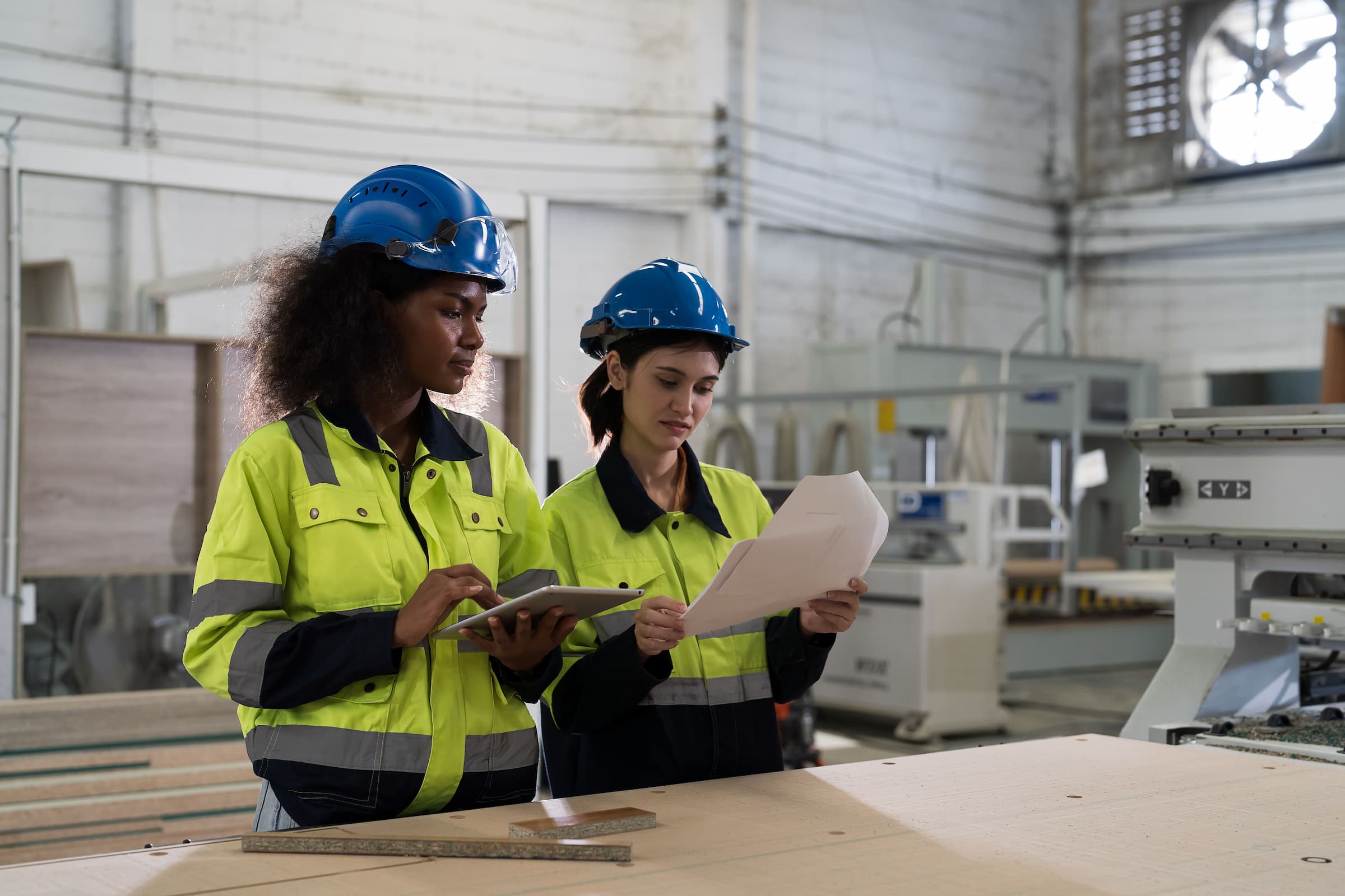 two manufacturing workers in hard hats use a check sheet