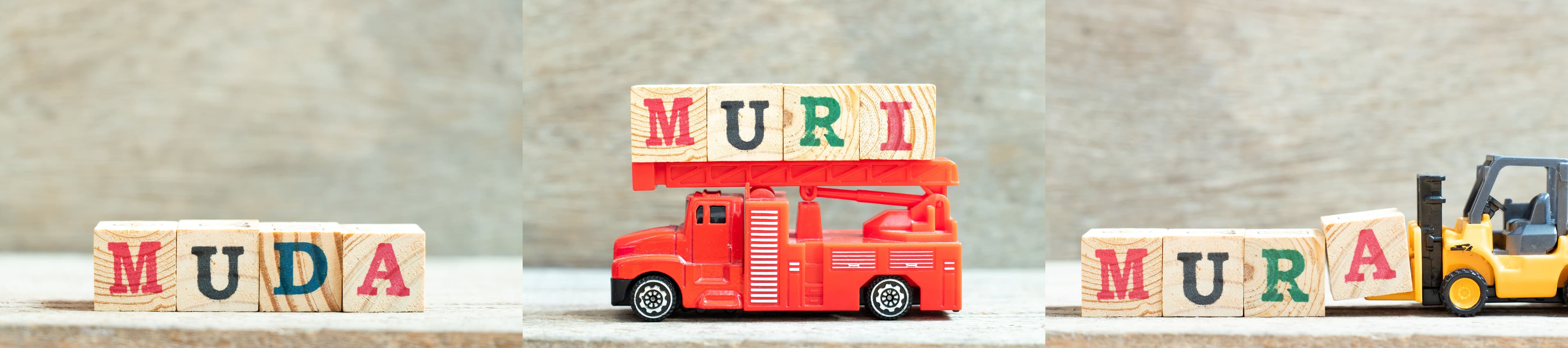 building blocks spelling the words muda, muri, mura