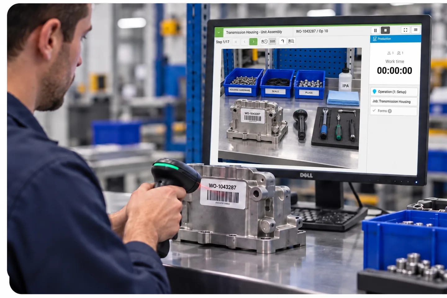 Opérateur scannant un code-barres à un poste de travail avec un ordre de fabrication VKS ouvert sur le moniteur.