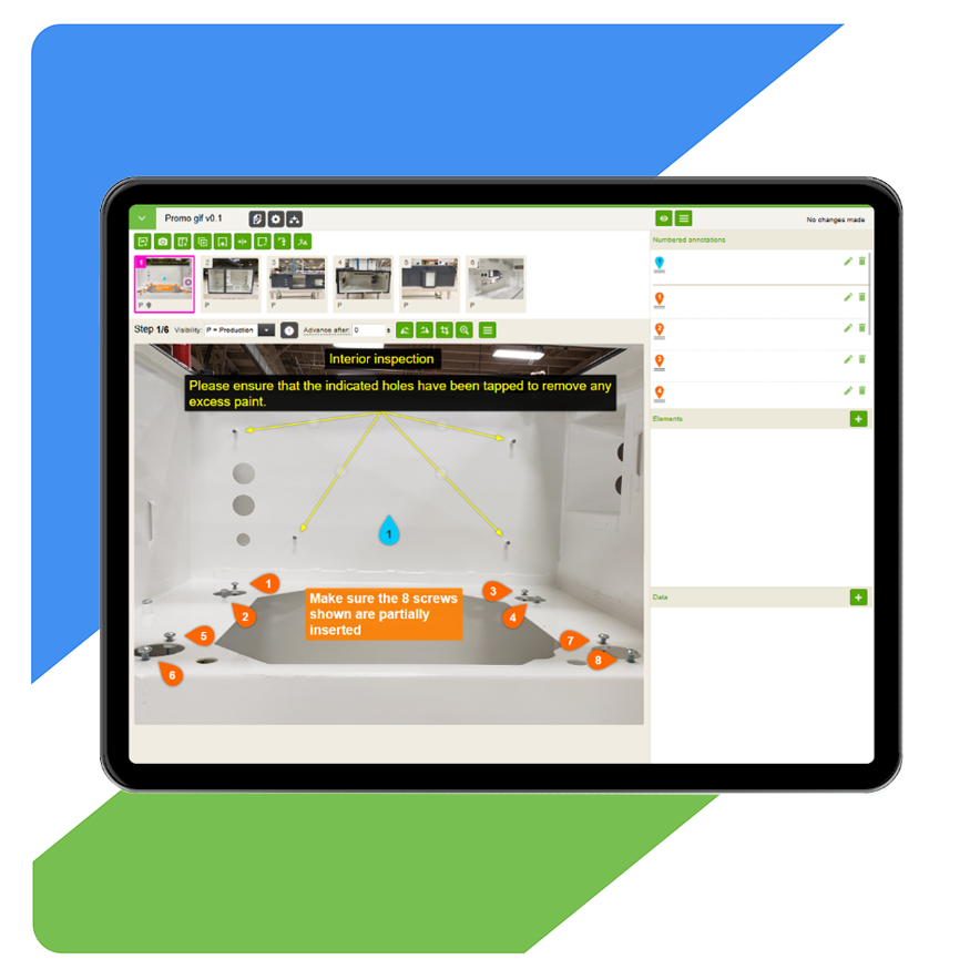 VKS Lite tablet showing interior inspection work instruction with numbered annotations for screws, component alignment checks, and step-by-step guidance with thumbnail navigation