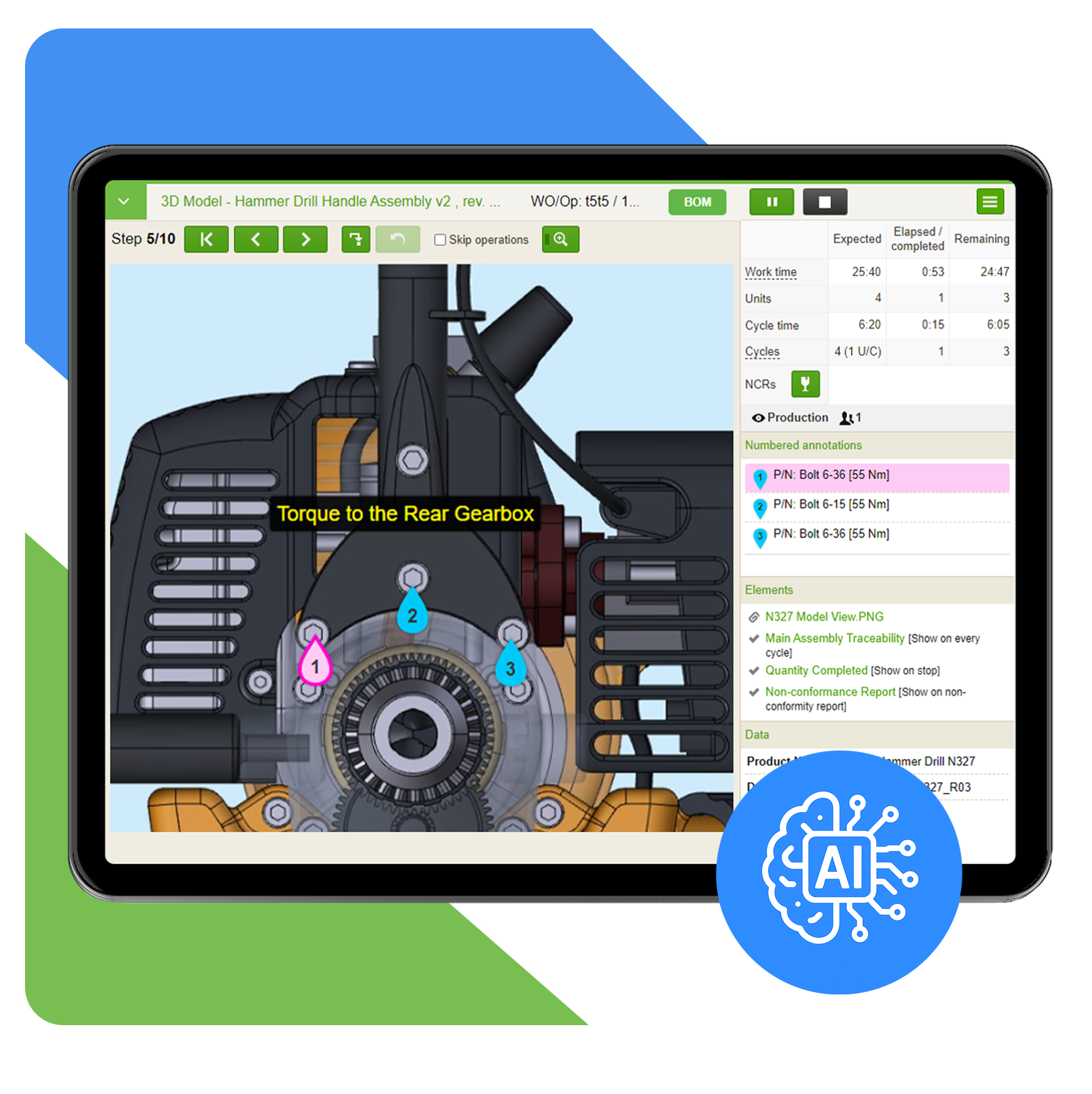 Two VKS Lite tablets displaying guidebooks list interface with version management and detailed assembly instruction for AA Box Assembly showing Arduino board installation with numbered annotations