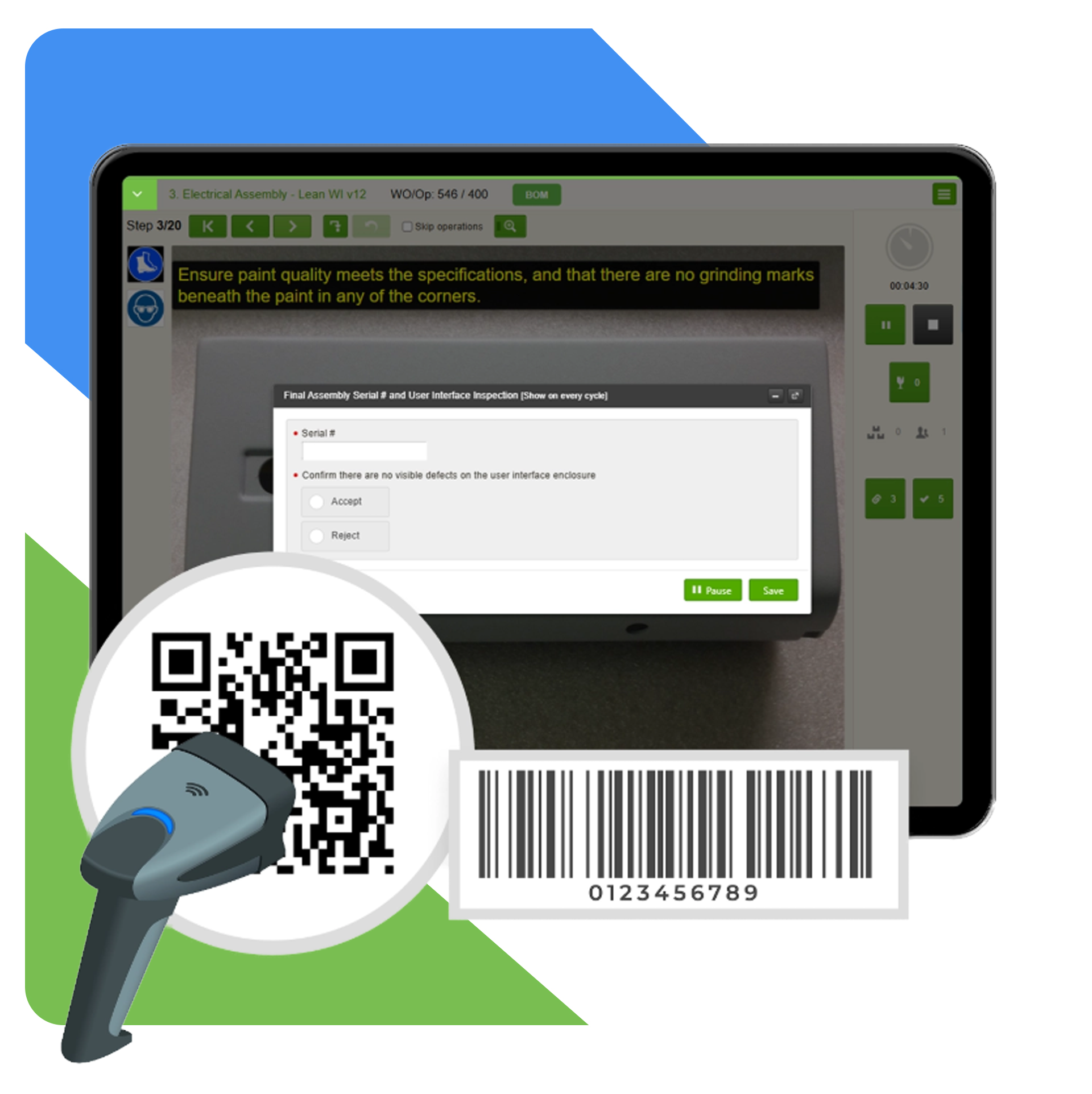 VKS Lite tablet displaying Electrical Assembly work instruction with quality inspection form pop-up, QR code scanner, and barcode integration for serial number tracking and defect confirmation