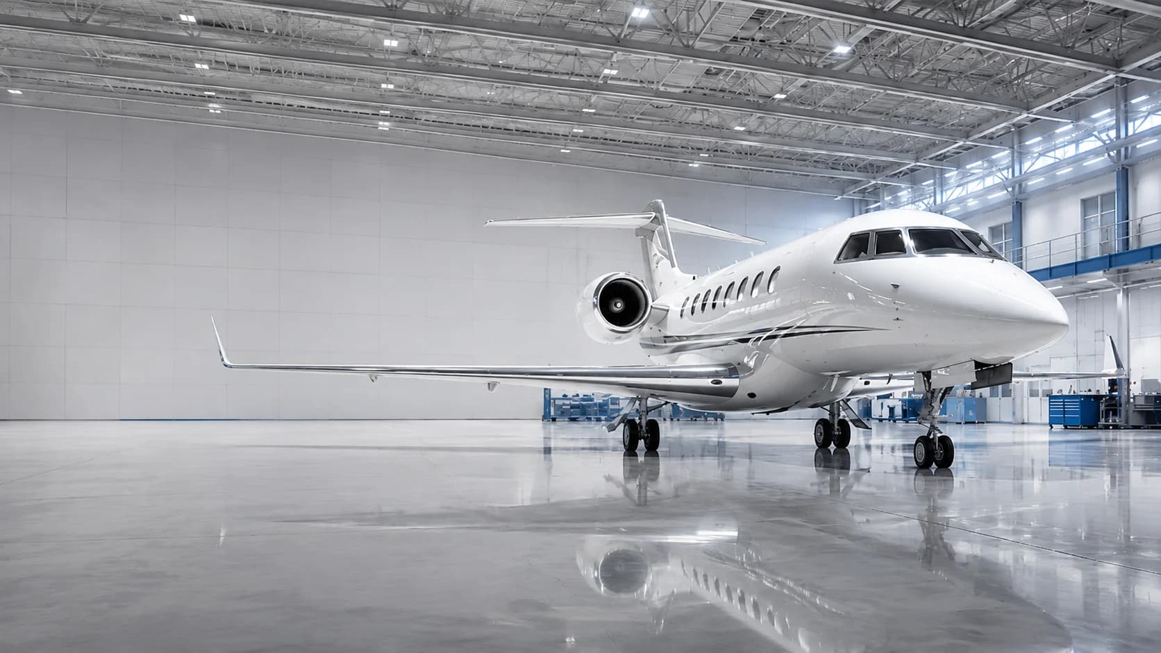 White business jet parked inside a bright aircraft hangar, with tooling carts and workbenches along the wall.