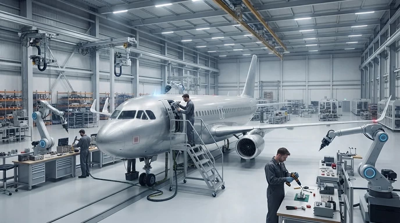 Technician in a grey uniform working with a handheld tool at a bench beside a jet engine and maintenance access stairs inside an aircraft assembly facility.
