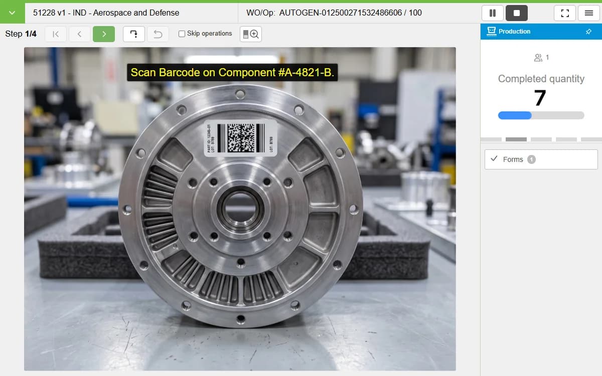 Kitting & Pre-Assembly tab: Circular machined aerospace component on a workbench with a VKS barcode-scanning instruction overlaid, alongside a completed-quantity panel.