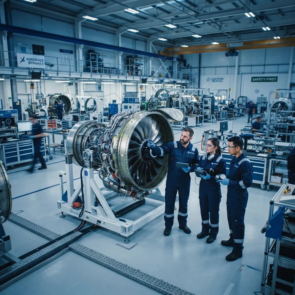 Two technicians in navy uniforms inspecting a large jet engine mounted on a stand inside a manufacturing facility.