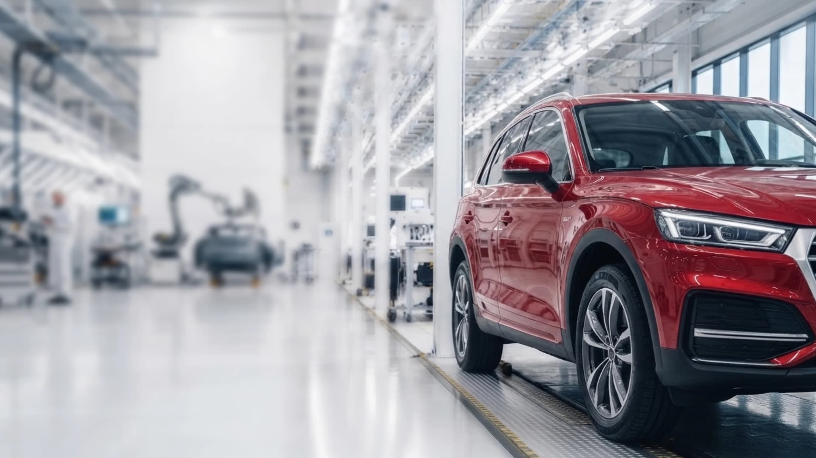 Roter SUV auf einer Automobilmontagelinie in einer hellen Produktionshalle.