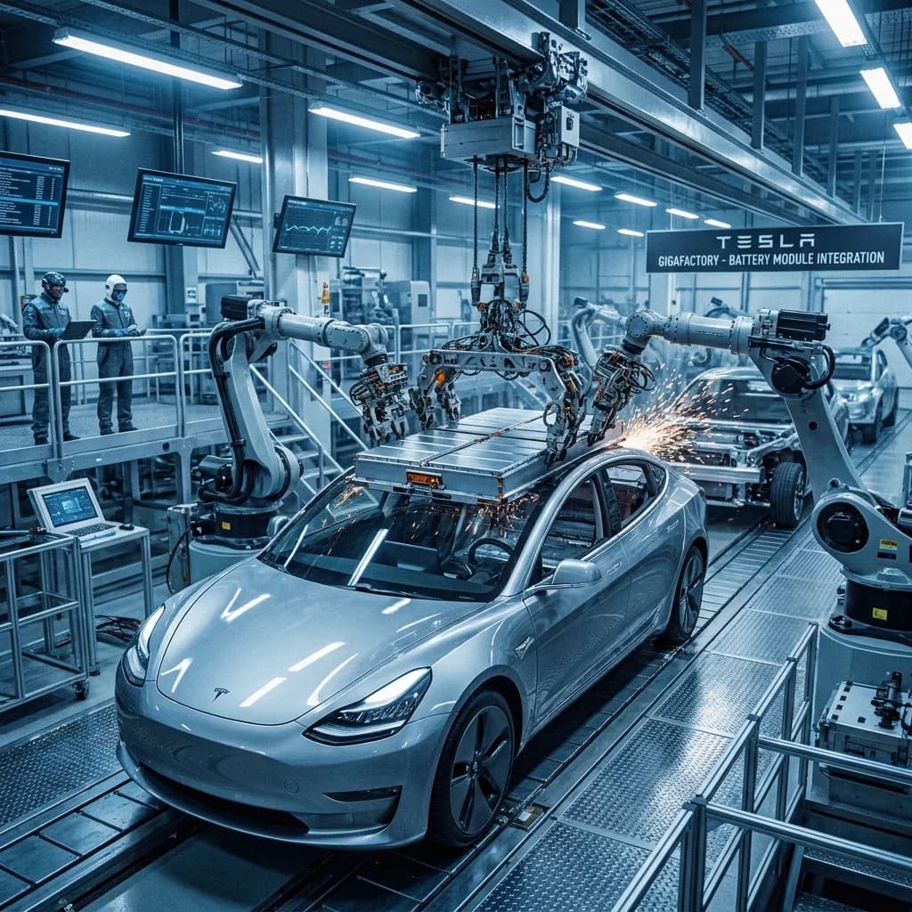 Silberne Limousine auf einer automatisierten Montagelinie mit Roboterarmen, die an der Karosserie arbeiten.