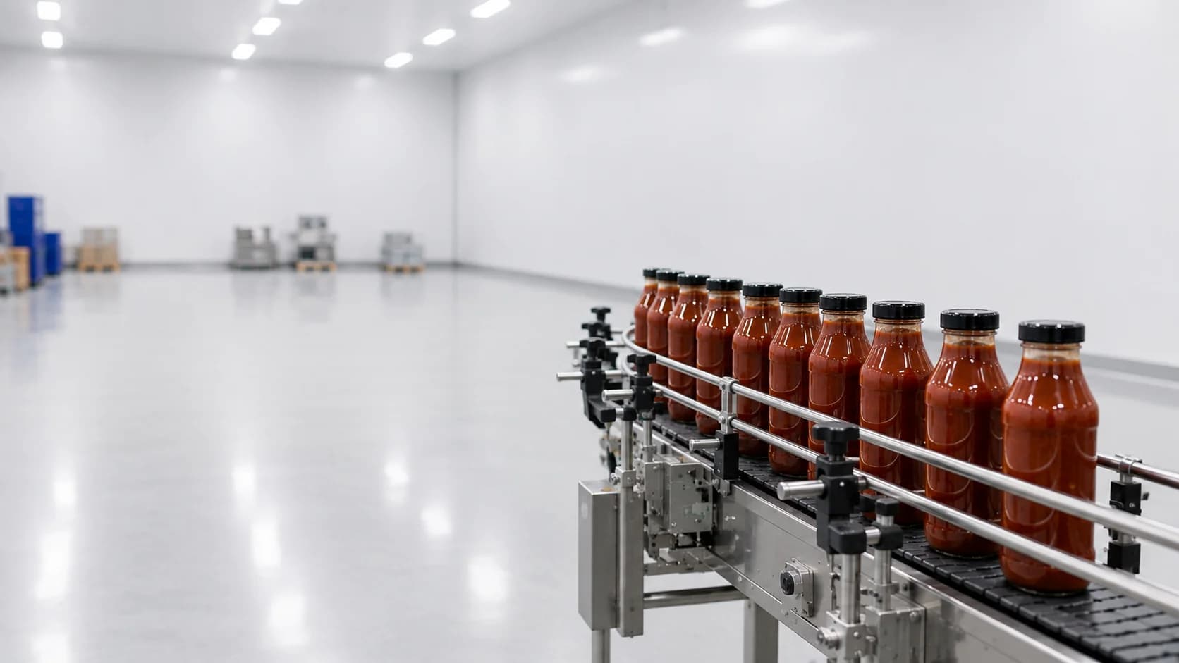 Capped bottles of red sauce moving along a stainless steel conveyor on a bottling line.