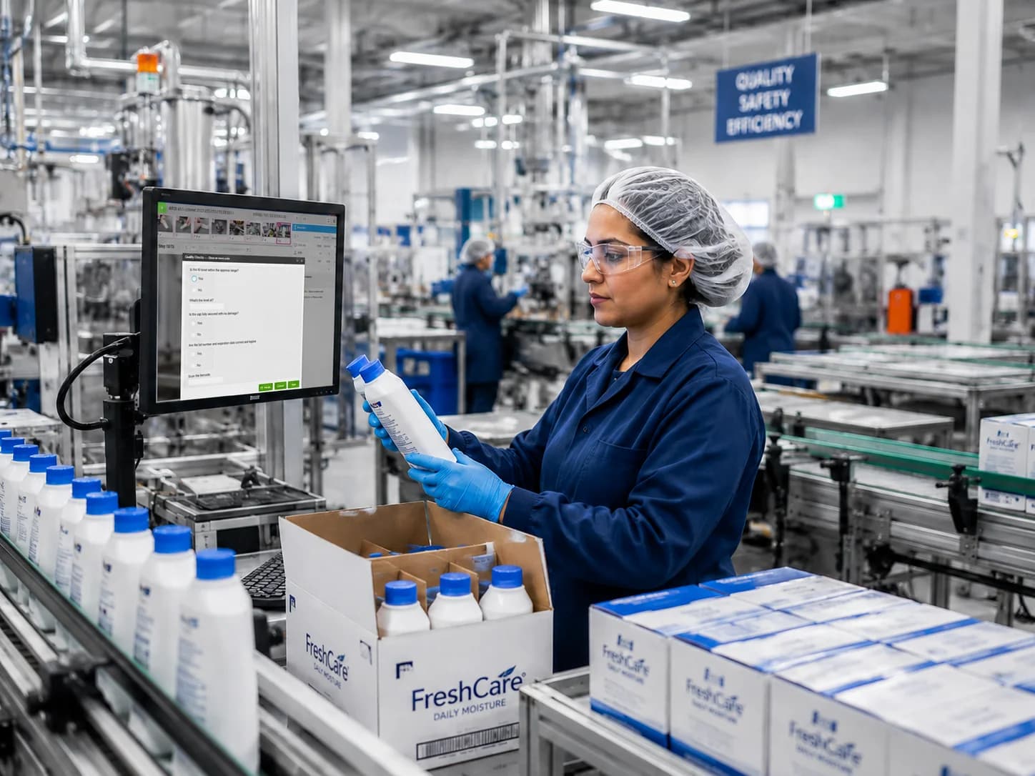 Worker in a blue coat and gloves packing white bottles into a carton on a consumer goods packaging line.