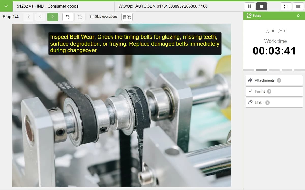 Line Changeover tab: VKS screenshot: belt-wear inspection step on conveyor rollers, with a live changeover work timer.